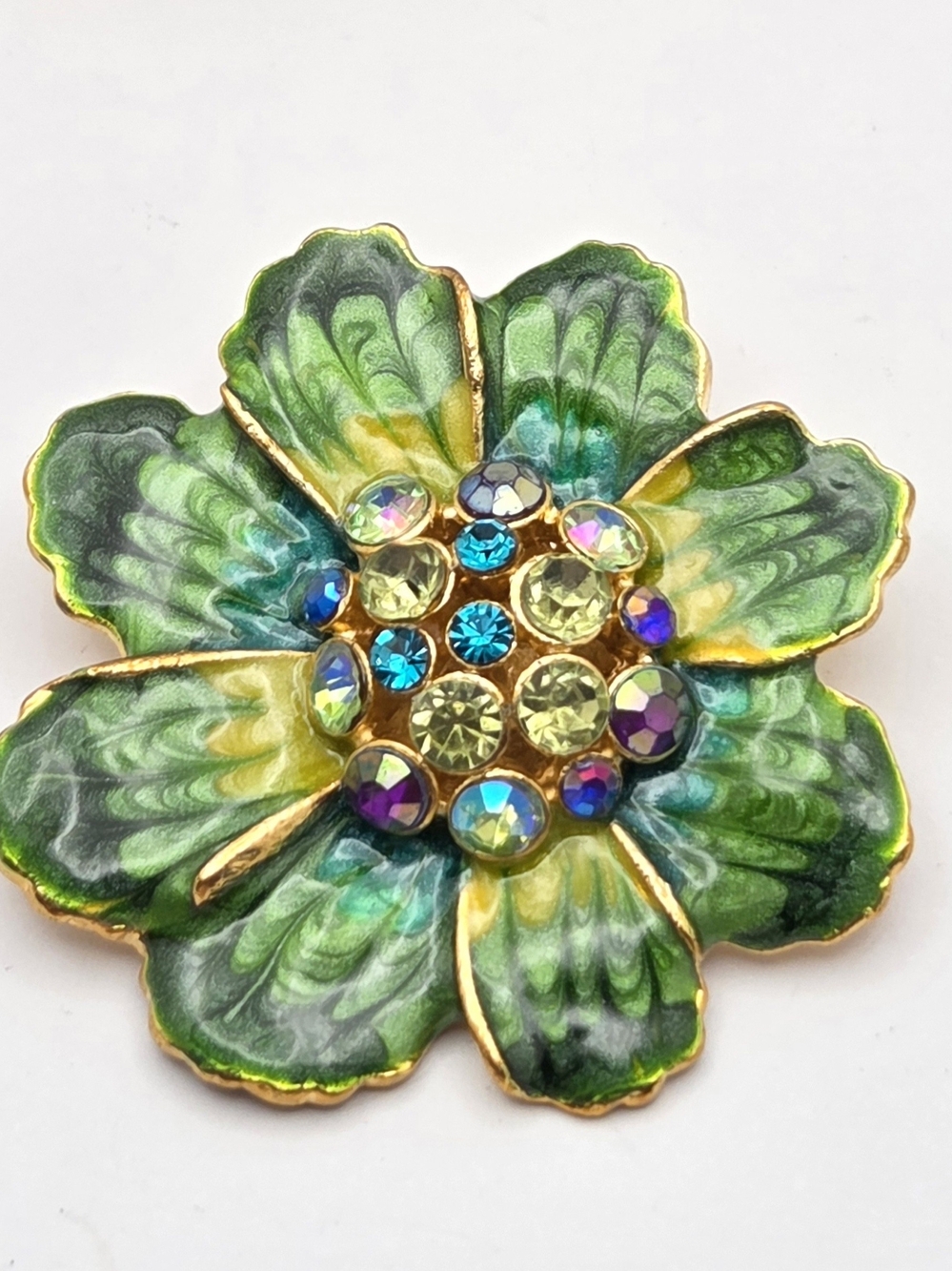 Vintage Enamel Green Flower Brooch AB Rhinestone Center Gold Tone Pin
